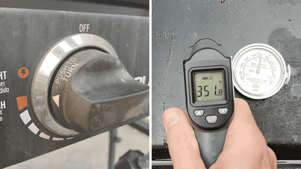 Griddle knob and infrared thermometer.