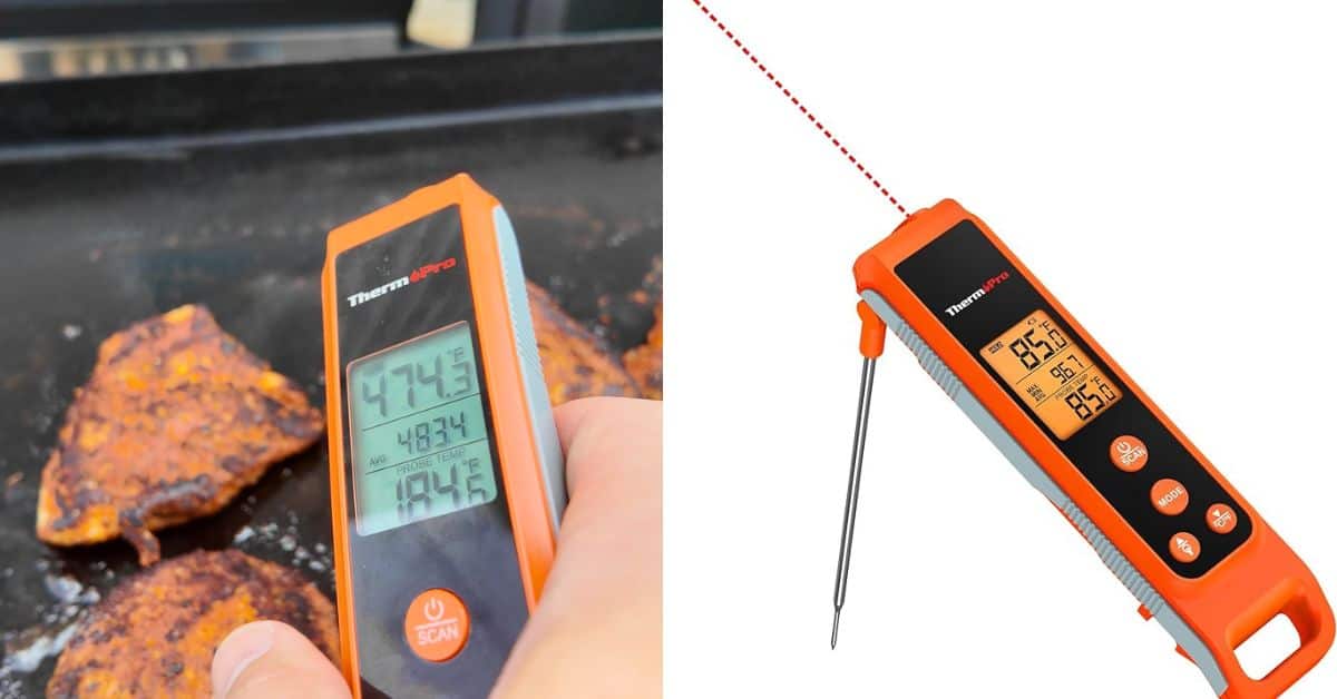 a thermometer that's infrared and probe.  Taking the temperature of chicken on a blackstone griddle