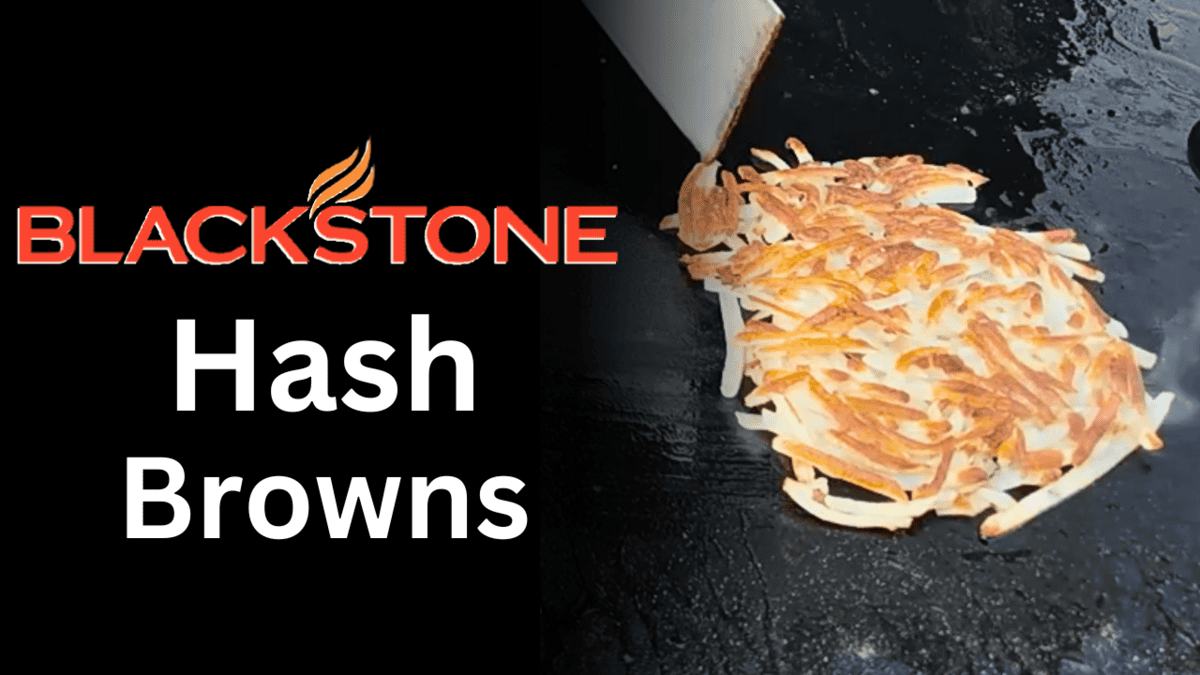 Crispy golden hash browns on a griddle with the text Blackstone Hash Browns.