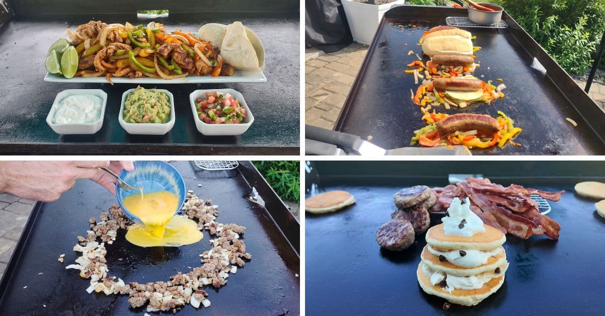 fajitas, pancakes, eggs, sausage and peppers on a blackstone griddle. 4 different pictures